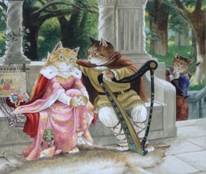 Illustration of three anthropomorphic cats in a medieval setting: a female cat in a pink dress and crown, a male cat in a tunic playing a harp, and another cat in blue peeking from behind a column, surrounded by greenery and stone structures.
