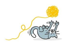 cartoon silver cat playing with a giant yellow ball of string
