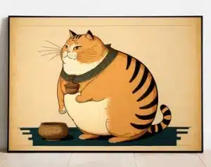 really fat cartoon tiger cat with acorn collar