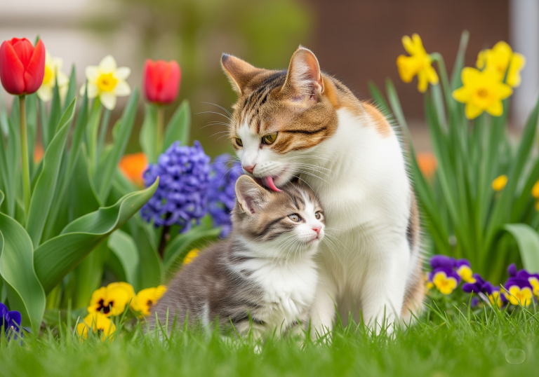 cat licking a kitten