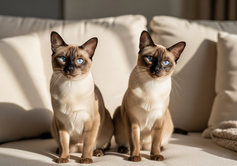 twin tonkinese cats on a couch