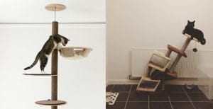 cat tree comparison, on the left is a cat climbing the tall sturdy Katpole, on the right is a cheap tree bent under the weight of a black cat