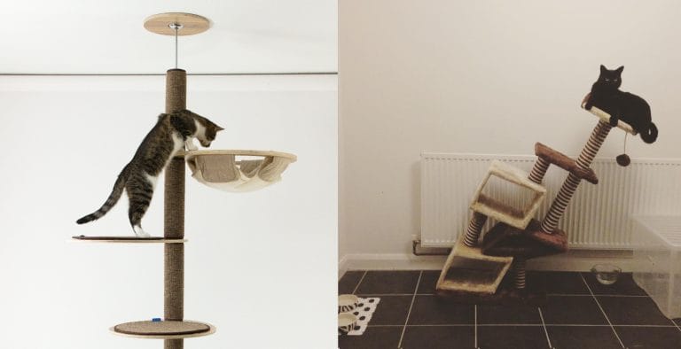 cat tree comparison, on the left is a cat climbing the tall sturdy Katpole, on the right is a cheap tree bent under the weight of a black cat