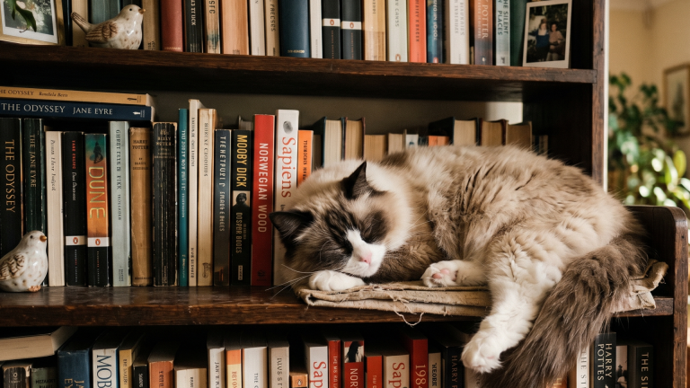 ragdoll on a bookshelf